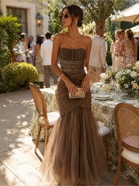 Atelier Alyce Strapless Brown Tulle Mermaid Gown